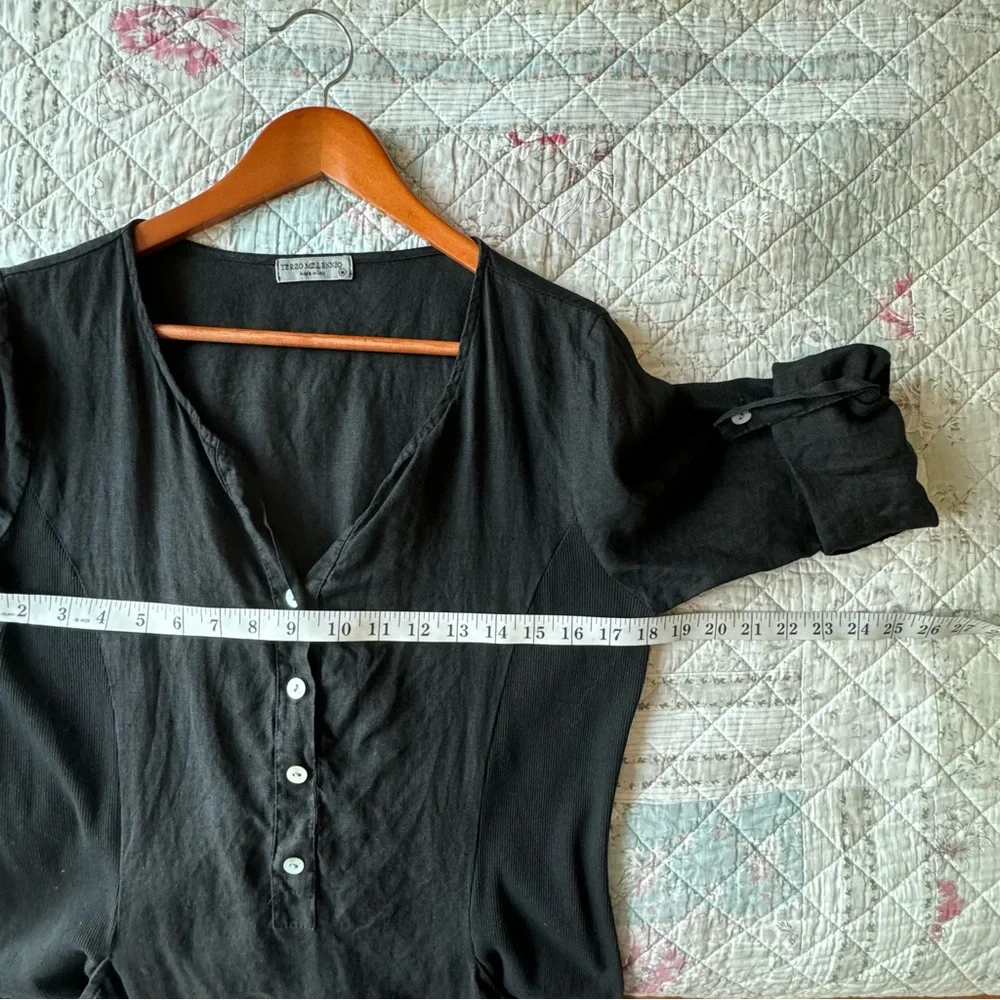 Terzo Millenio Black Linen Cotton Mini Dress Size M Made In Italy V Neck - Picture 7 of 8